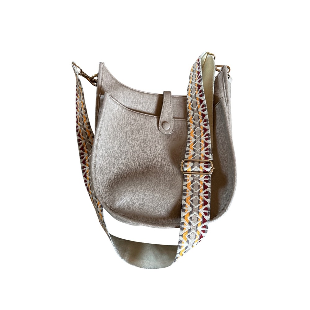 Boho Crossbody Bag Beige Faux Leather Saddle Purse Wide Strap Embroidered Indie